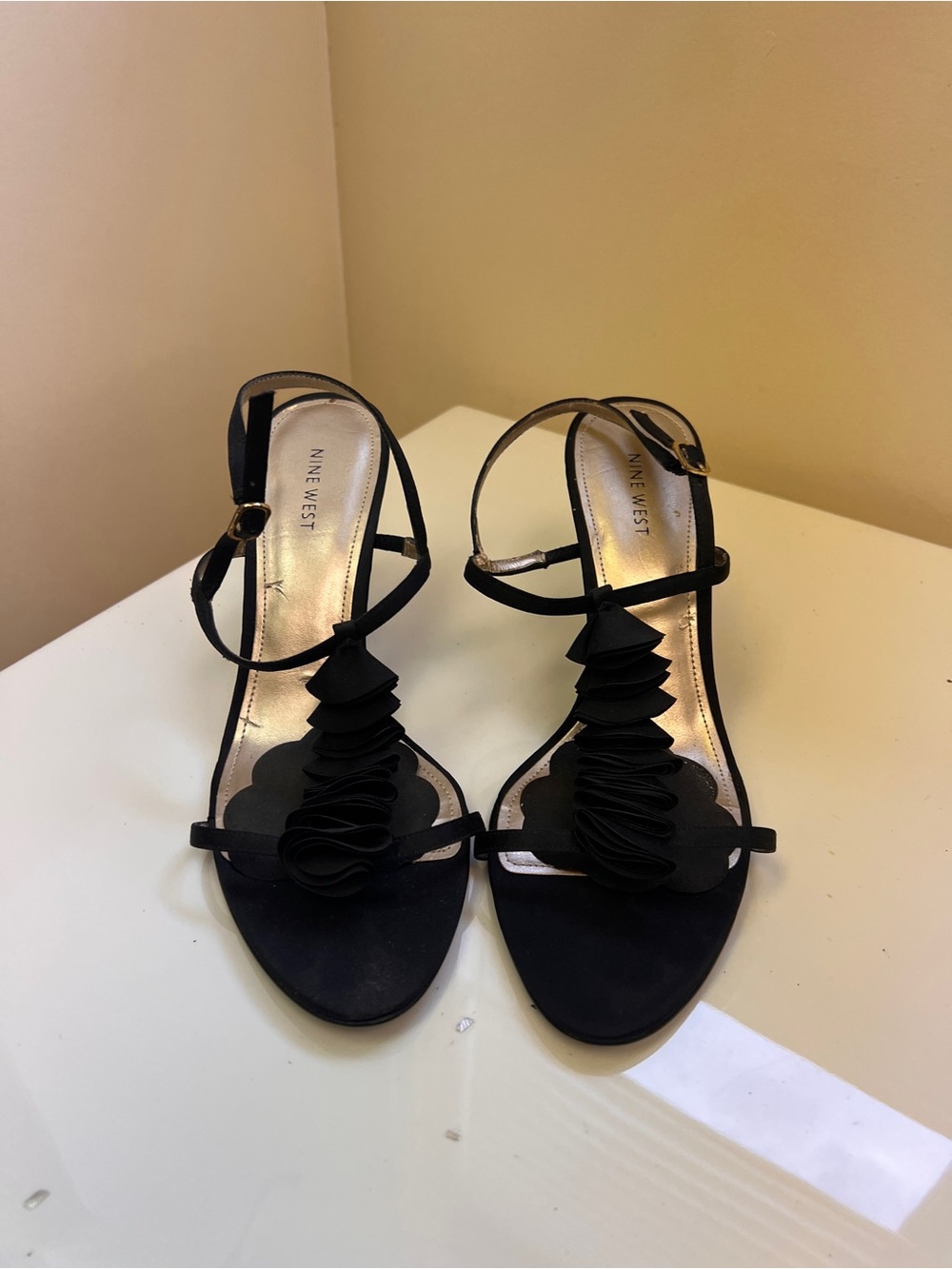 Nine West Black Ruffle T-Strap Heels